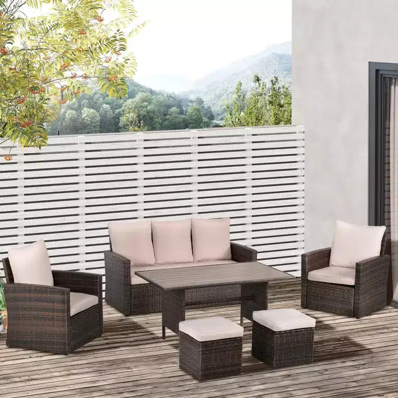 Outsunny Set da Pranzo per Esterni 6 Pezzi, Set di Mobili in Rattan Intrecciato Resistente alle Intemperie con Tavolo con Piano Effetto Legno e Cuscini Morbidi