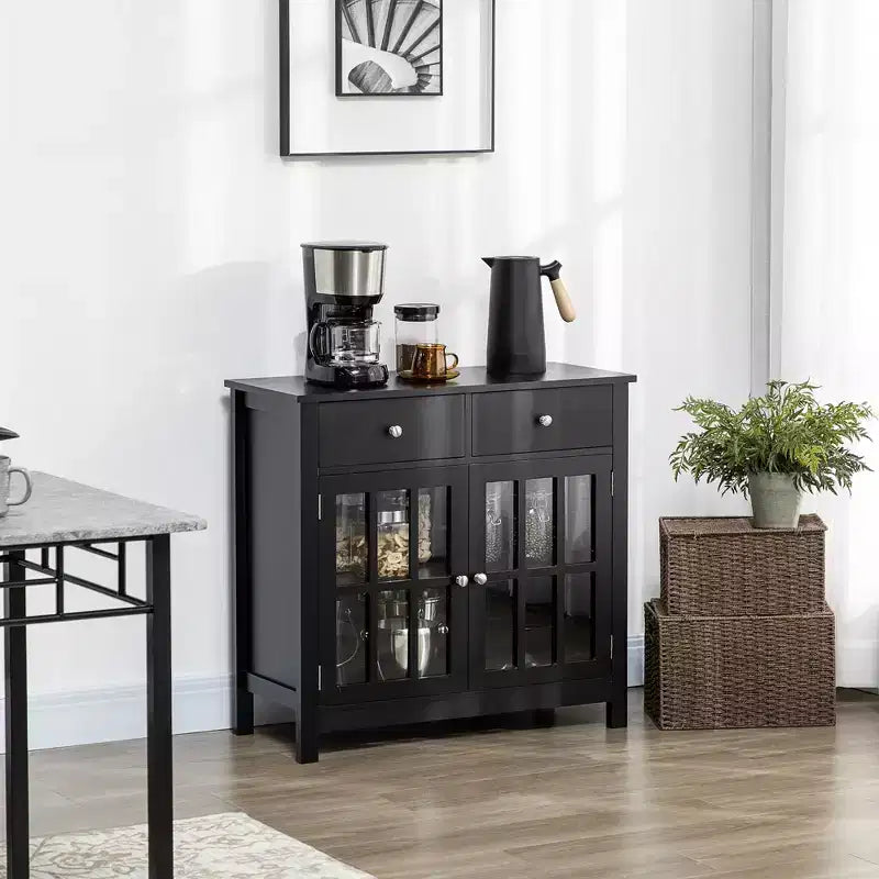 Mobile credenza, Armadio contenitore con ante in vetro, armadio a ripiani regolabili e 2 cassetti per la cucina