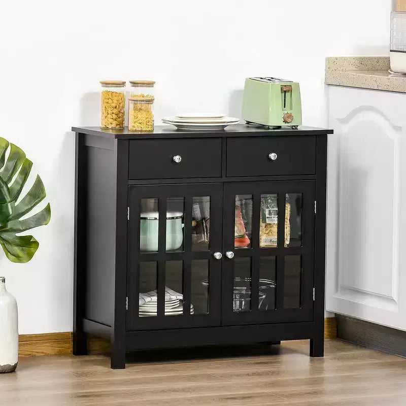 Mobile credenza, Armadio contenitore con ante in vetro, armadio a ripiani regolabili e 2 cassetti per la cucina