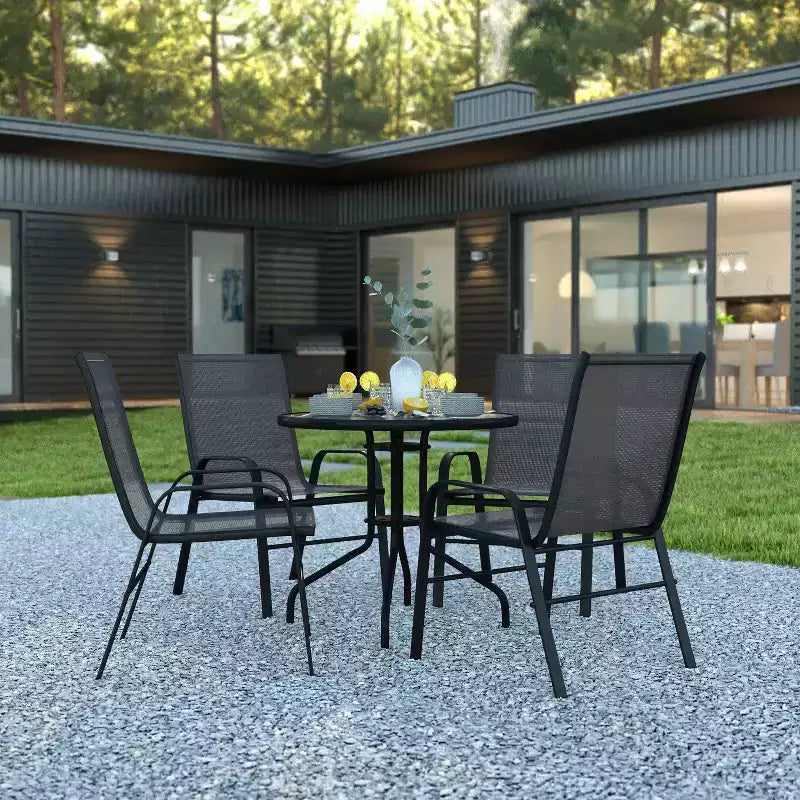 Flash Furniture Set da pranzo da esterno 5 pezzi - Tavolo da patio in vetro temperato, 4 sedie impilabili Flex Comfort