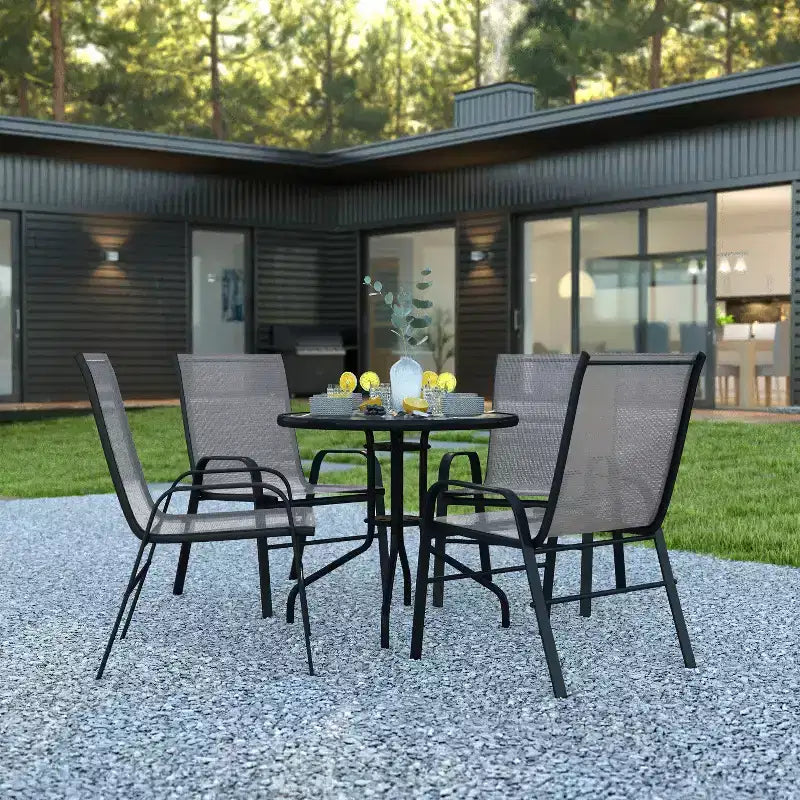 Flash Furniture Set da pranzo da esterno 5 pezzi - Tavolo da patio in vetro temperato, 4 sedie impilabili Flex Comfort