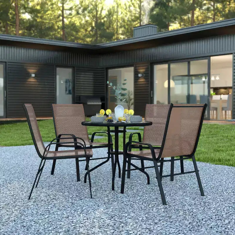 Flash Furniture Set da pranzo da esterno 5 pezzi - Tavolo da patio in vetro temperato, 4 sedie impilabili Flex Comfort