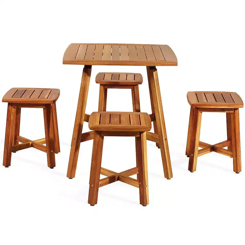 Costway Set da Pranzo da Esterno 5 Pezzi in Acacia con Tavolo Quadrato e 4 Sgabelli Marrone Rossiccio
