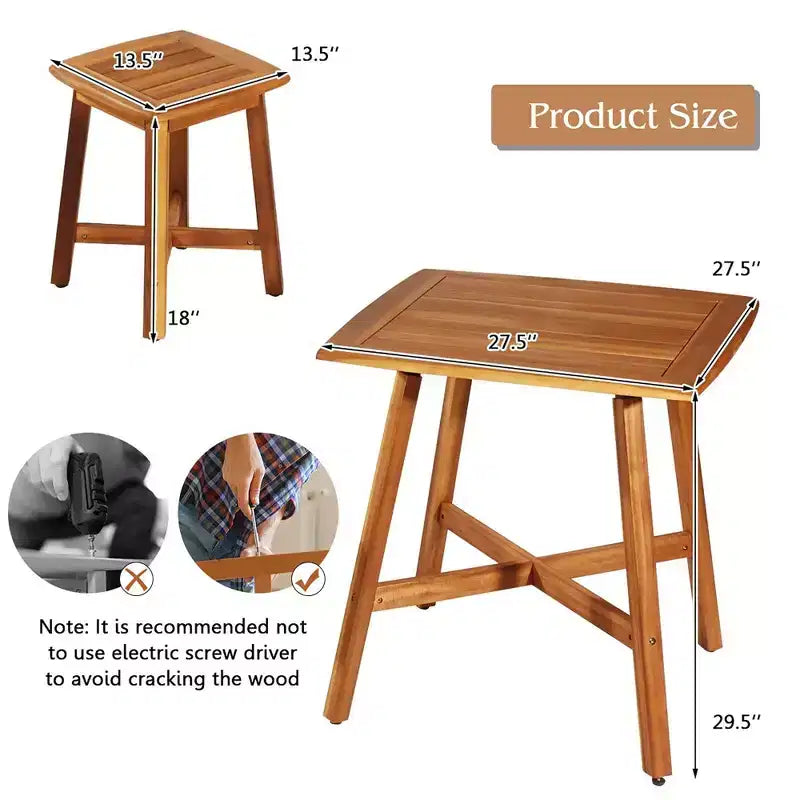 Costway Set da Pranzo da Esterno 5 Pezzi in Acacia con Tavolo Quadrato e 4 Sgabelli Marrone Rossiccio