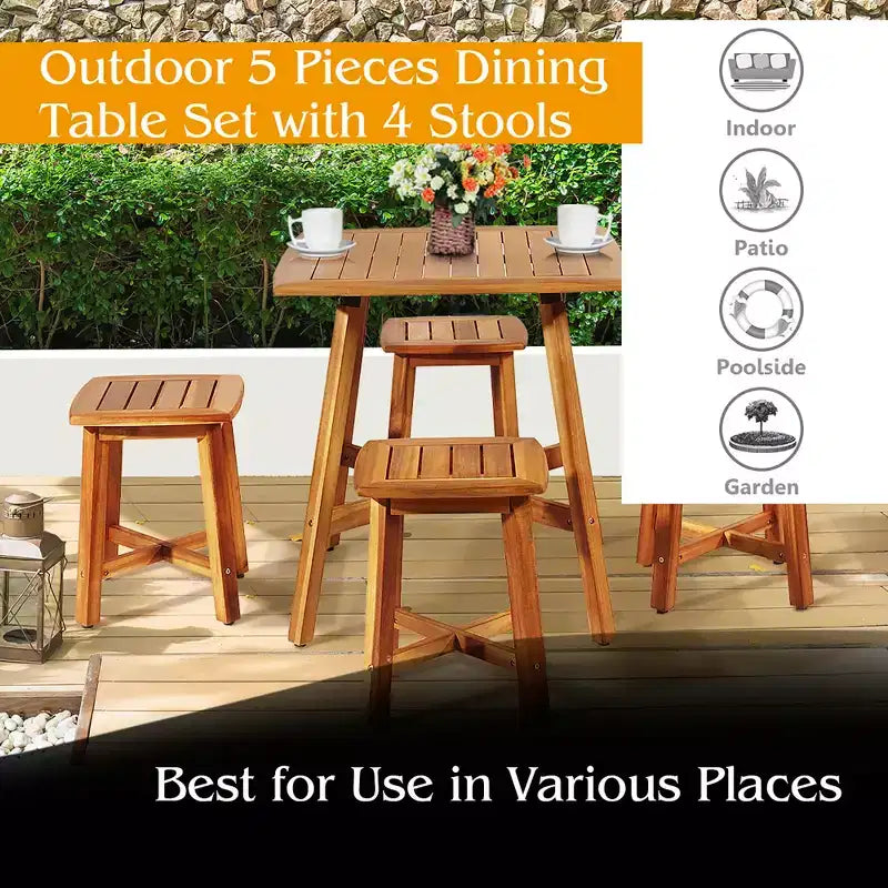 Costway Set da Pranzo da Esterno 5 Pezzi in Acacia con Tavolo Quadrato e 4 Sgabelli Marrone Rossiccio