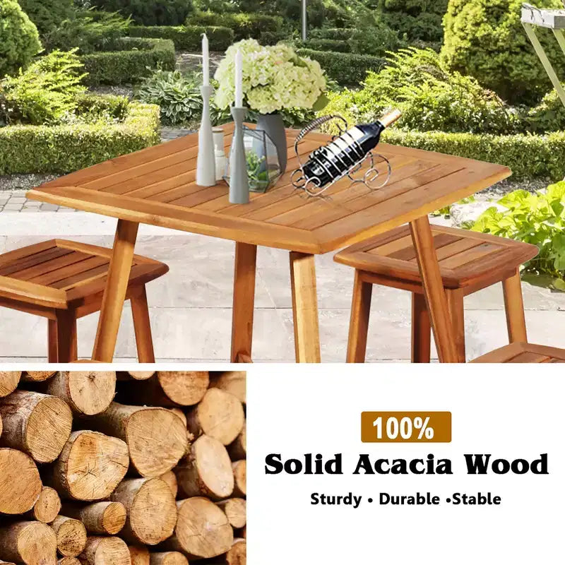 Costway Set da Pranzo da Esterno 5 Pezzi in Acacia con Tavolo Quadrato e 4 Sgabelli Marrone Rossiccio