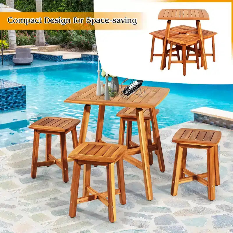 Costway Set da Pranzo da Esterno 5 Pezzi in Acacia con Tavolo Quadrato e 4 Sgabelli Marrone Rossiccio