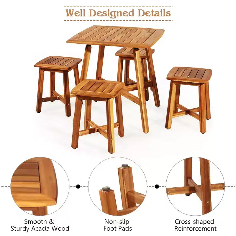 Costway Set da Pranzo da Esterno 5 Pezzi in Acacia con Tavolo Quadrato e 4 Sgabelli Marrone Rossiccio
