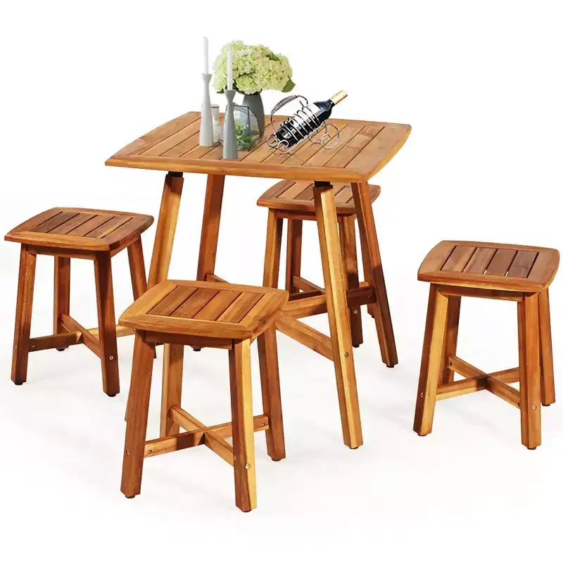 Costway Set da Pranzo da Esterno 5 Pezzi in Acacia con Tavolo Quadrato e 4 Sgabelli Marrone Rossiccio
