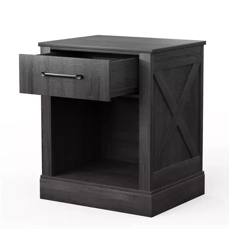Comodino con cassetto e ripiano, tavolino da notte rustico in legno, camera da letto marrone / naturale / nero