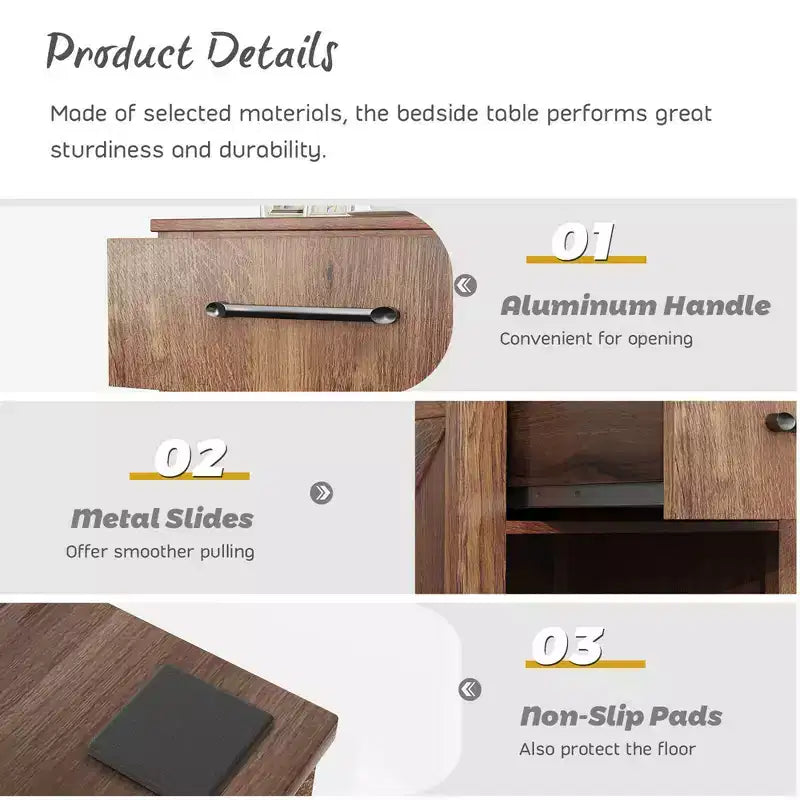 Comodino con cassetto e ripiano, tavolino da notte rustico in legno, camera da letto marrone / naturale / nero