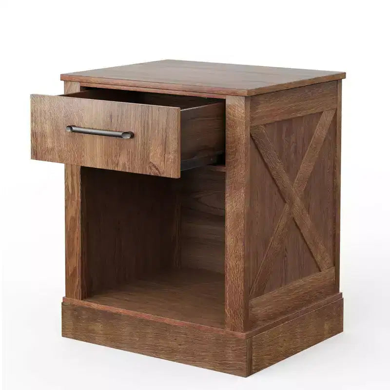 Comodino con cassetto e ripiano, tavolino da notte rustico in legno, camera da letto marrone / naturale / nero