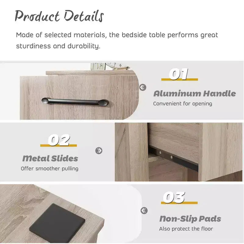 Comodino con cassetto e ripiano, tavolino da notte rustico in legno, camera da letto marrone / naturale / nero