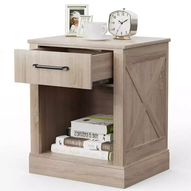 Comodino con cassetto e ripiano, tavolino da notte rustico in legno, camera da letto marrone / naturale / nero