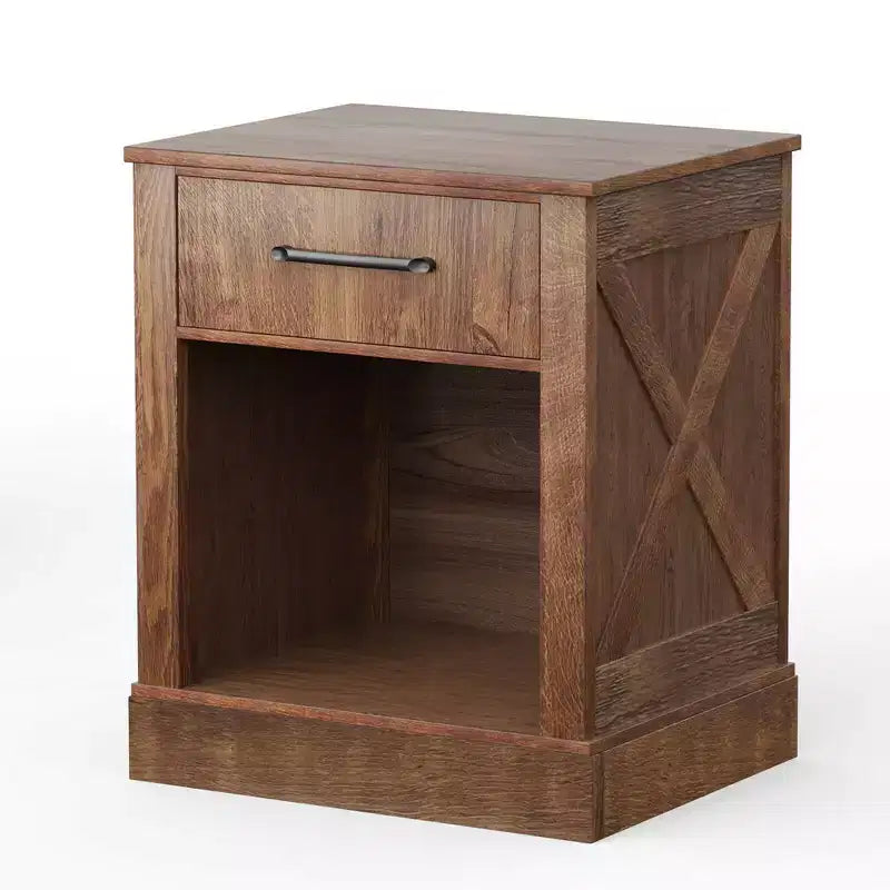 Comodino con cassetto e ripiano, tavolino da notte rustico in legno, camera da letto marrone / naturale / nero