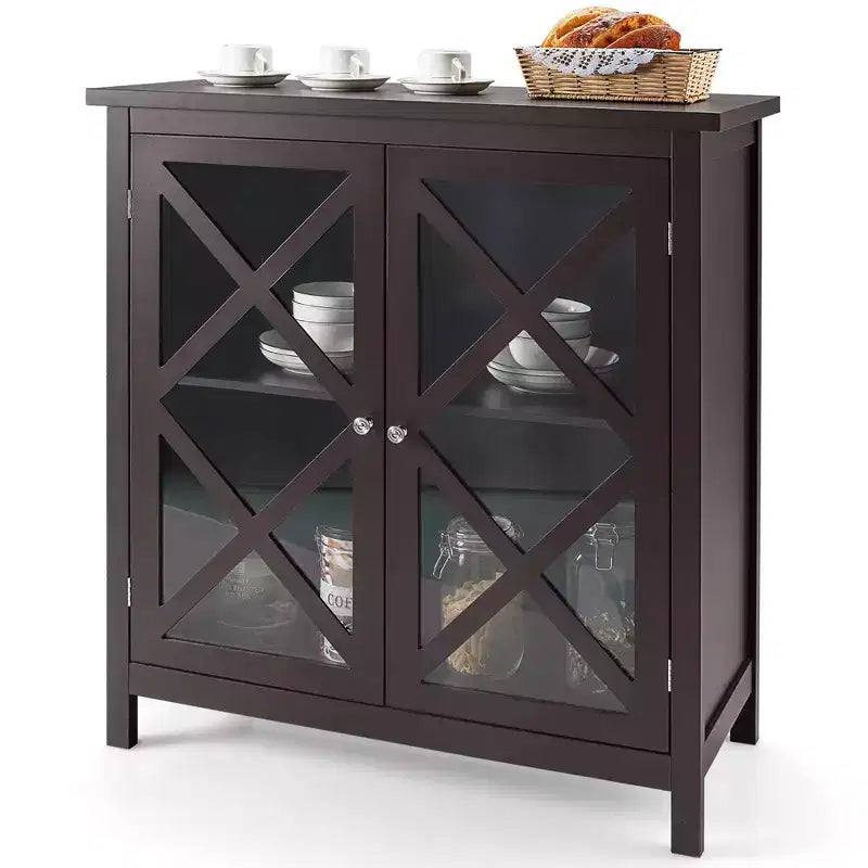 Credenza da cucina con ante in vetro e ripiano regolabile, colore bianco/marrone