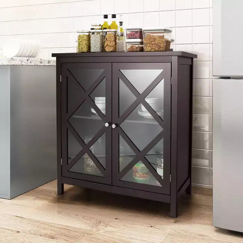 Credenza da cucina con ante in vetro e ripiano regolabile, colore bianco/marrone