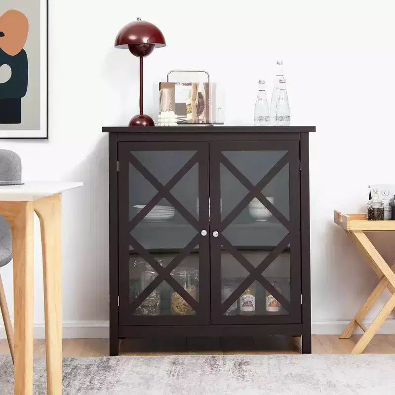 Credenza da cucina con ante in vetro e ripiano regolabile, colore bianco/marrone