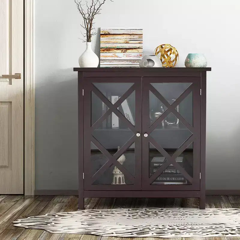 Credenza da cucina con ante in vetro e ripiano regolabile, colore bianco/marrone