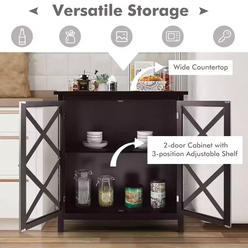 Credenza da cucina con ante in vetro e ripiano regolabile, colore bianco/marrone