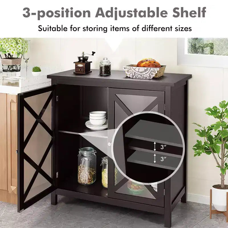 Credenza da cucina con ante in vetro e ripiano regolabile, colore bianco/marrone