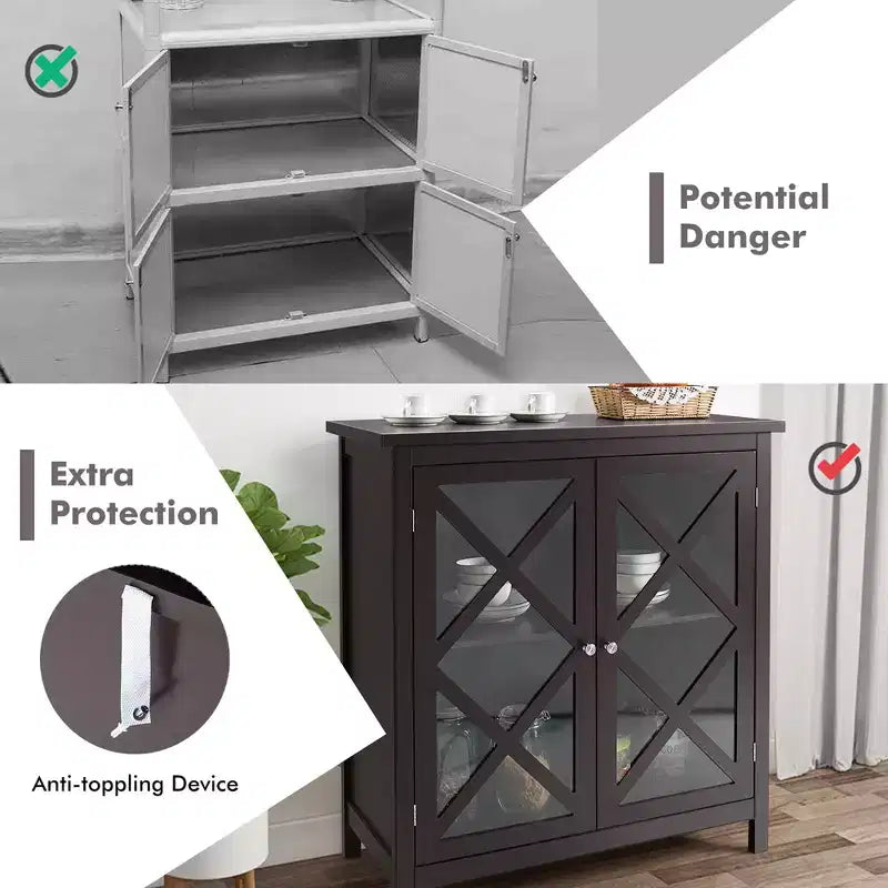 Credenza da cucina con ante in vetro e ripiano regolabile, colore bianco/marrone