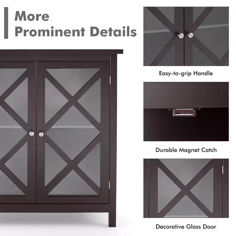 Credenza da cucina con ante in vetro e ripiano regolabile, colore bianco/marrone