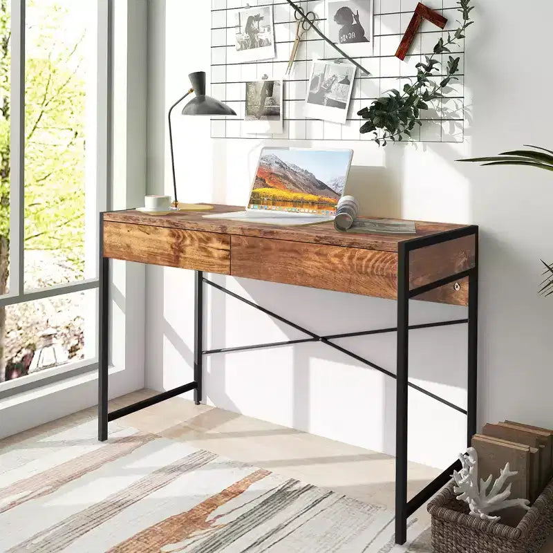 Scrivania per computer con struttura in metallo, tavolo da studio, workstation per ufficio domestico con 2 cassetti