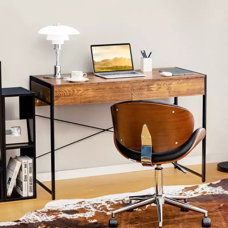 Scrivania per computer con struttura in metallo, tavolo da studio, workstation per ufficio domestico con 2 cassetti