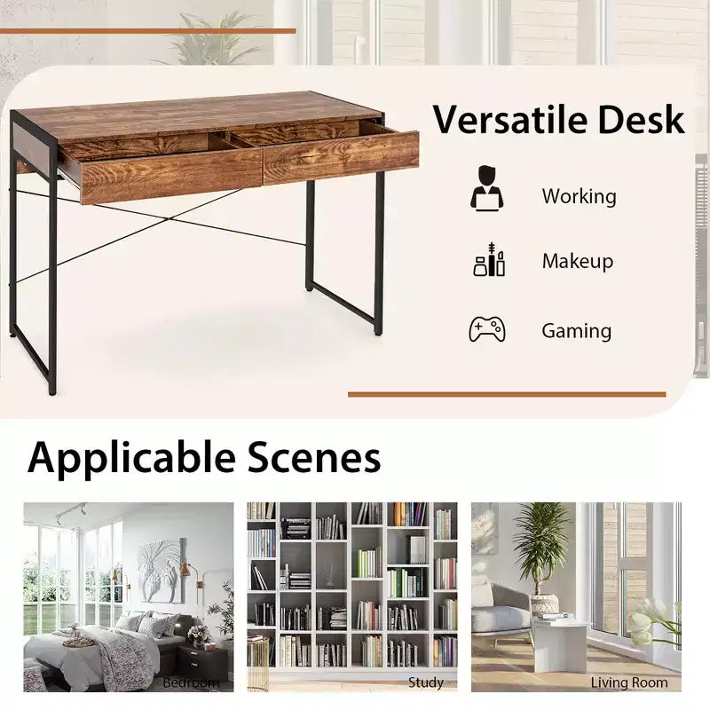 Scrivania per computer con struttura in metallo, tavolo da studio, workstation per ufficio domestico con 2 cassetti
