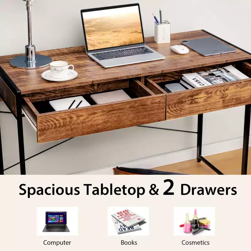 Scrivania per computer con struttura in metallo, tavolo da studio, workstation per ufficio domestico con 2 cassetti