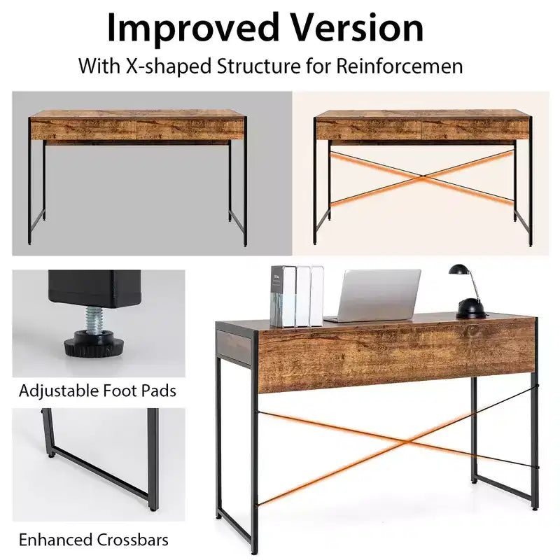 Scrivania per computer con struttura in metallo, tavolo da studio, workstation per ufficio domestico con 2 cassetti