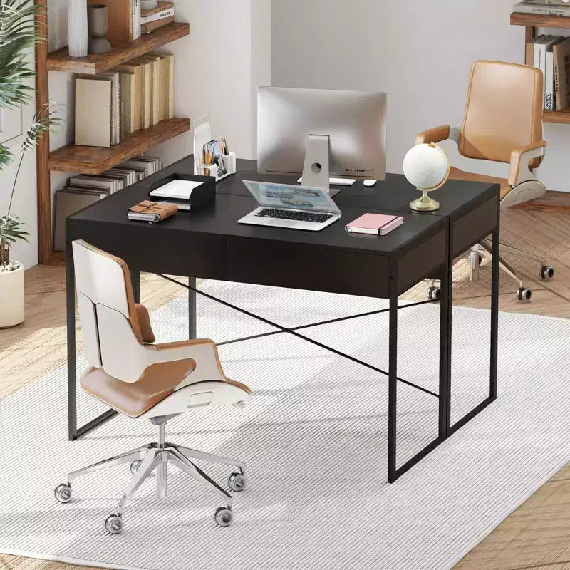 Scrivania per computer con struttura in metallo, tavolo da studio, workstation per ufficio domestico con 2 cassetti