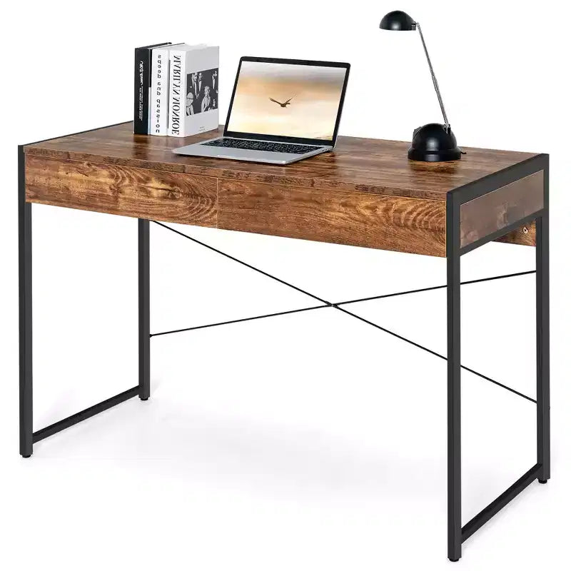 Scrivania per computer con struttura in metallo, tavolo da studio, workstation per ufficio domestico con 2 cassetti