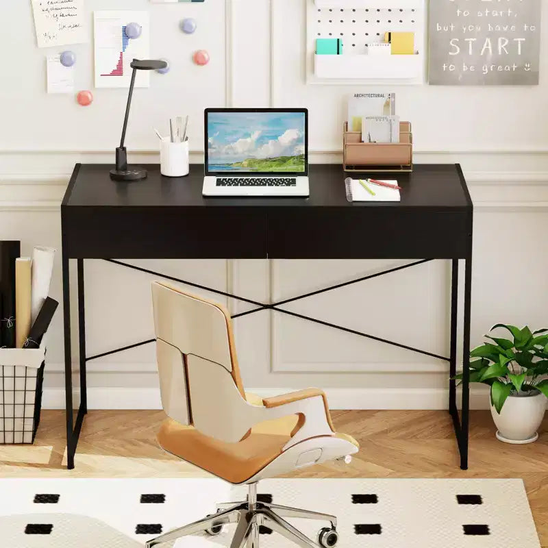 Scrivania per computer con struttura in metallo, tavolo da studio, workstation per ufficio domestico con 2 cassetti