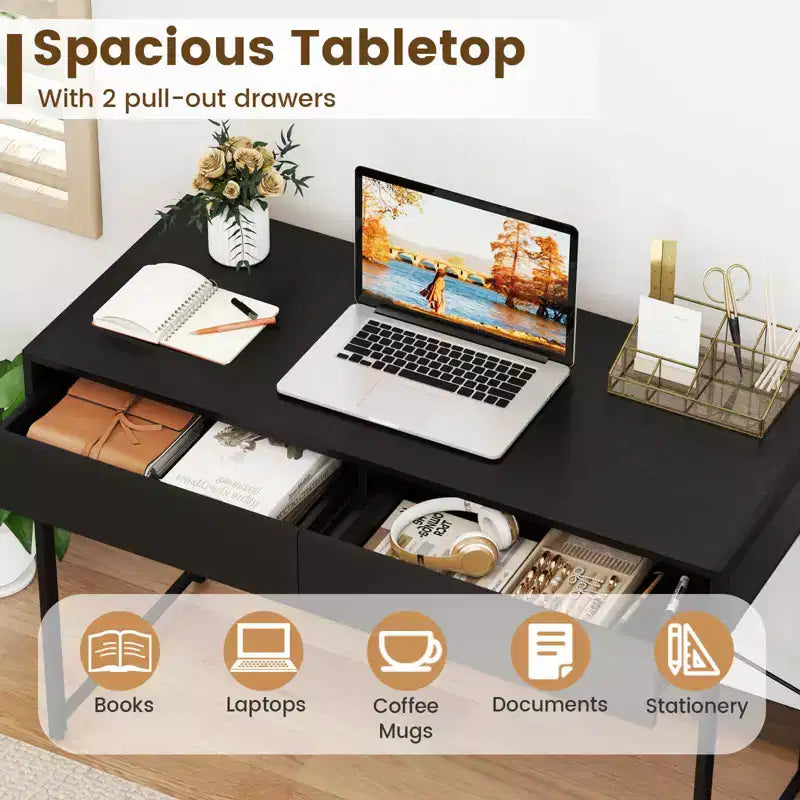 Scrivania per computer con struttura in metallo, tavolo da studio, workstation per ufficio domestico con 2 cassetti