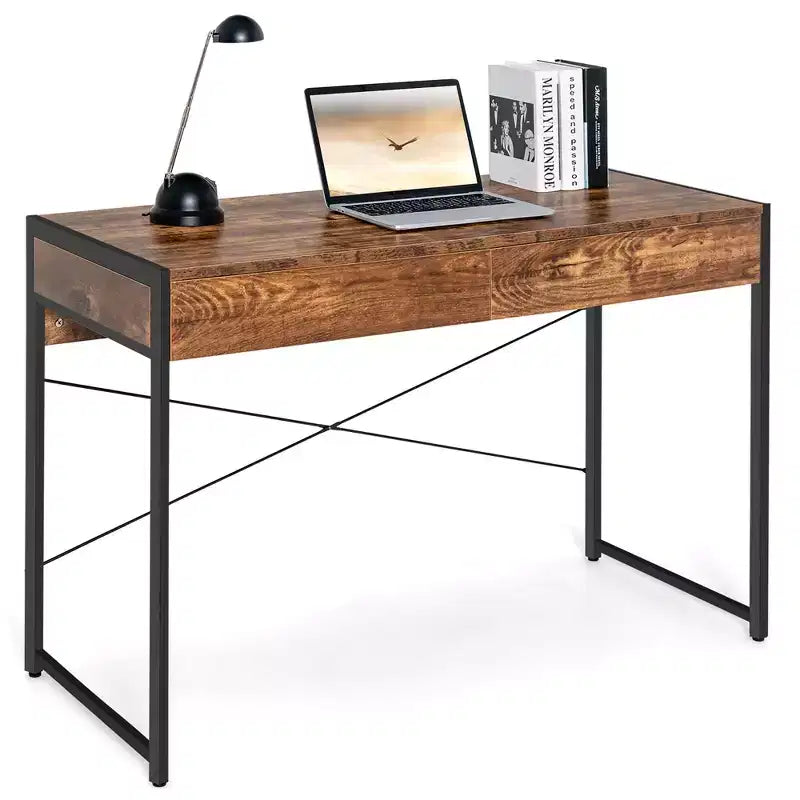 Scrivania per computer con struttura in metallo, tavolo da studio, workstation per ufficio domestico con 2 cassetti