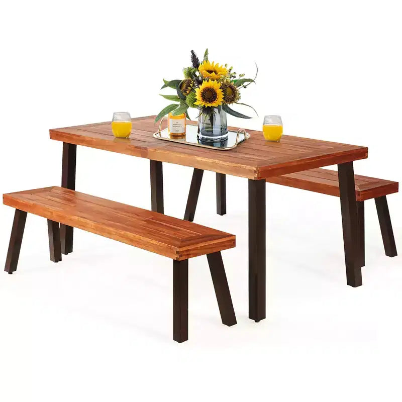 Set tavolo da picnic Costway 3 pezzi, tavolo e panca in legno di acacia con gambe in acciaio per patio esterno
