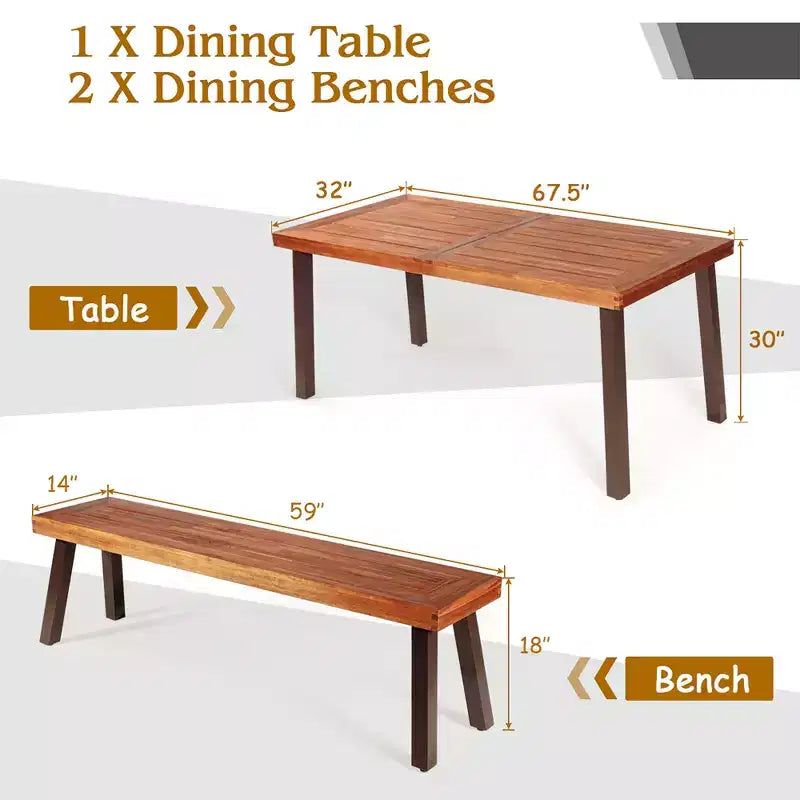 Set tavolo da picnic Costway 3 pezzi, tavolo e panca in legno di acacia con gambe in acciaio per patio esterno