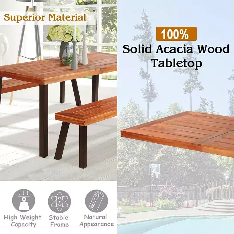 Set tavolo da picnic Costway 3 pezzi, tavolo e panca in legno di acacia con gambe in acciaio per patio esterno