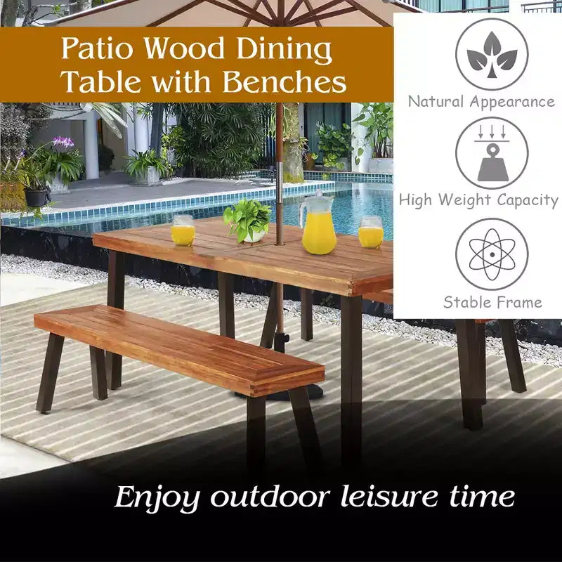 Set tavolo da picnic Costway 3 pezzi, tavolo e panca in legno di acacia con gambe in acciaio per patio esterno