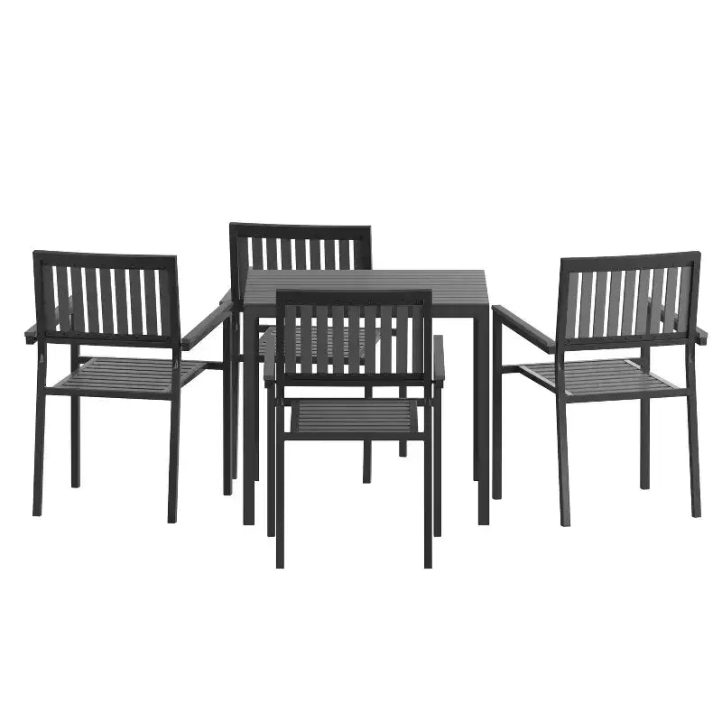Flash Furniture Harris Set da 5 Pezzi Tavolo e Sedie Commerciali per Interni/Esterni con Schienali e Sedute a Doghe in Resina Nera