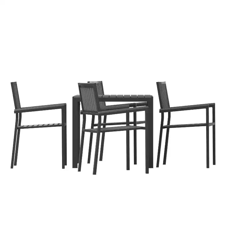 Flash Furniture Harris Set da 5 Pezzi Tavolo e Sedie Commerciali per Interni/Esterni con Schienali e Sedute a Doghe in Resina Nera