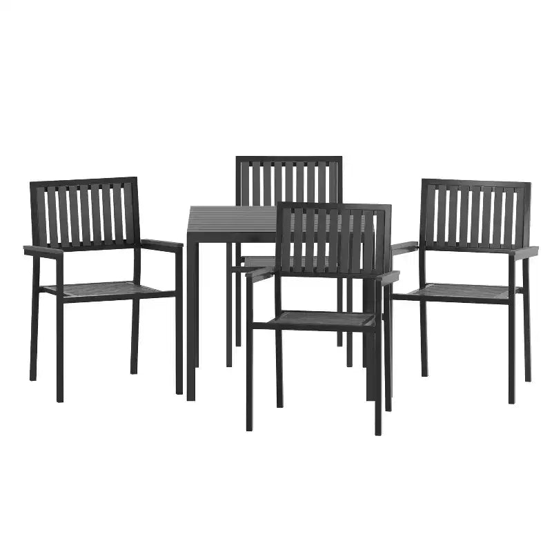 Flash Furniture Harris Set da 5 Pezzi Tavolo e Sedie Commerciali per Interni/Esterni con Schienali e Sedute a Doghe in Resina Nera