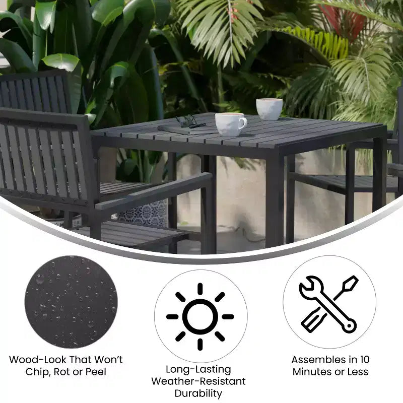 Flash Furniture Harris Set da 5 Pezzi Tavolo e Sedie Commerciali per Interni/Esterni con Schienali e Sedute a Doghe in Resina Nera