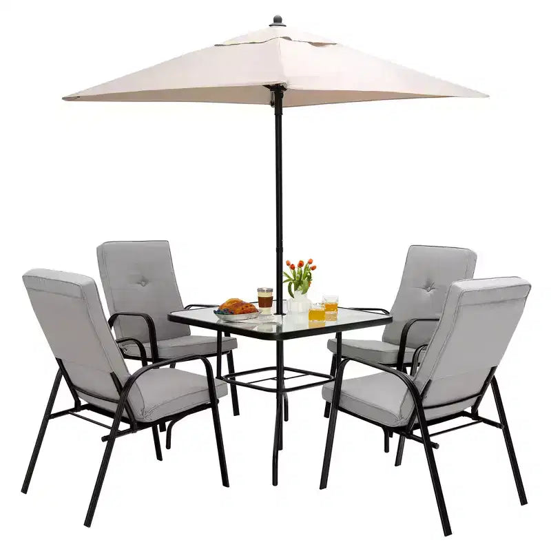 Set da pranzo per patio Costway 6 pezzi sedie impilabili ammortizzate tavolo in vetro con ombrellone