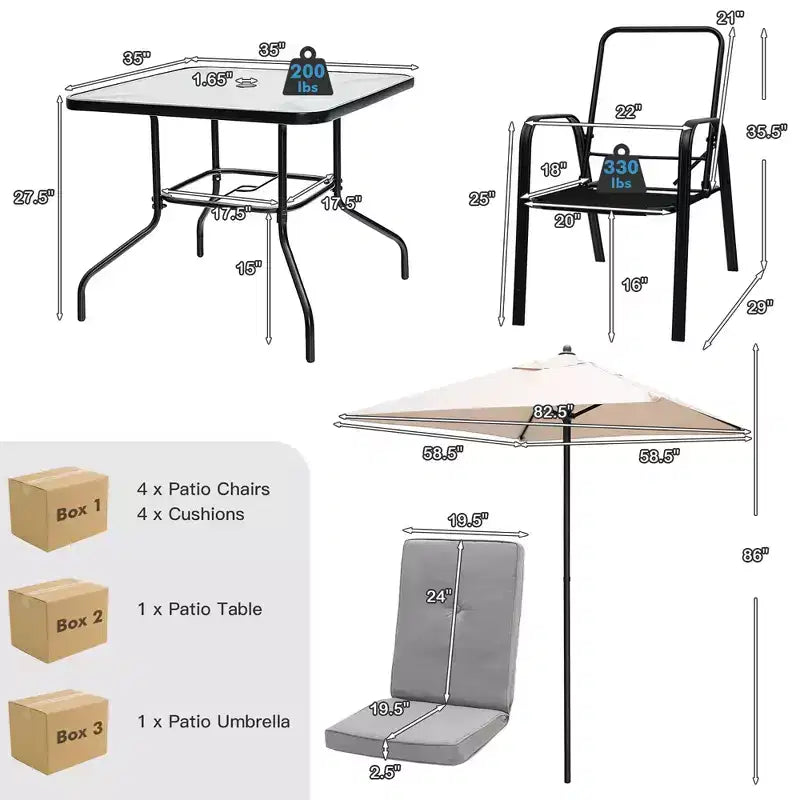 Set da pranzo per patio Costway 6 pezzi sedie impilabili ammortizzate tavolo in vetro con ombrellone