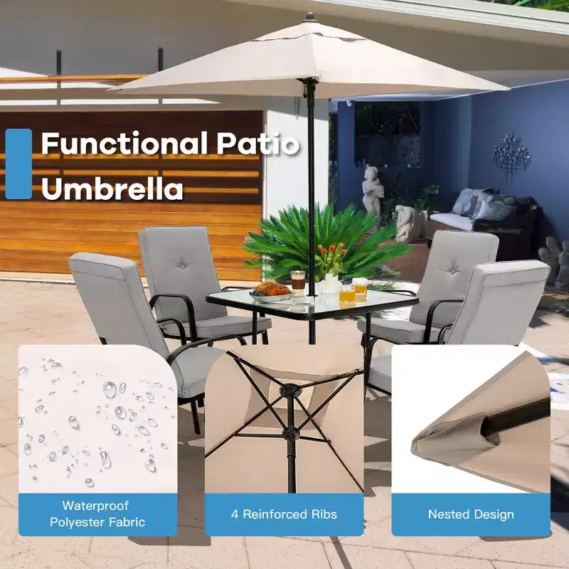 Set da pranzo per patio Costway 6 pezzi sedie impilabili ammortizzate tavolo in vetro con ombrellone