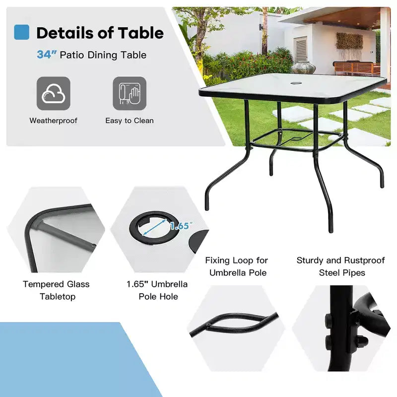Set da pranzo per patio Costway 6 pezzi sedie impilabili ammortizzate tavolo in vetro con ombrellone