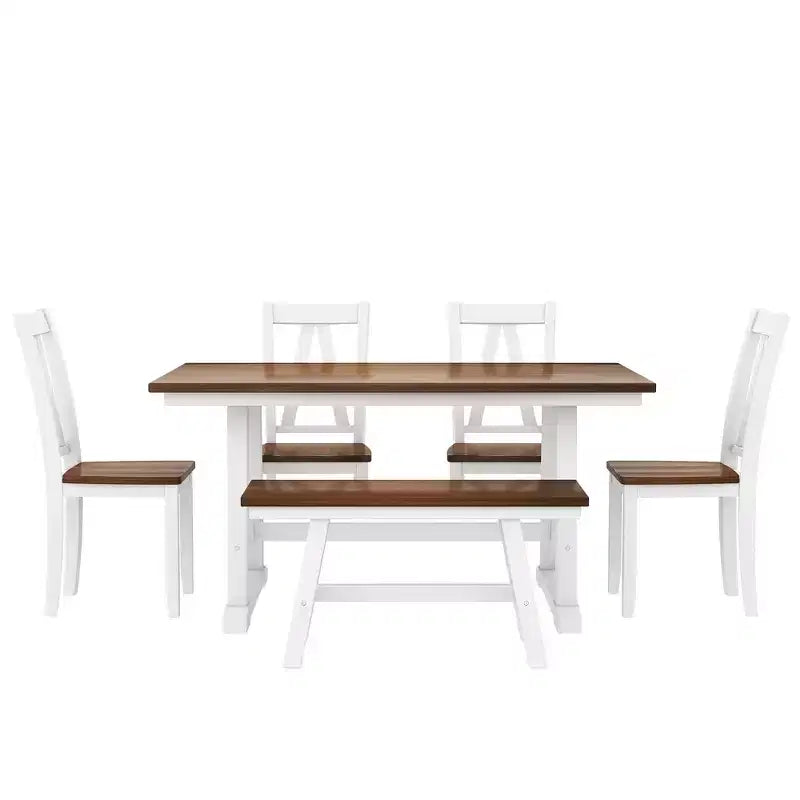 Set da 6 pezzi per tavolo da pranzo in legno stile rustico con panca lunga e 4 sedie da pranzo-ModernLuxe